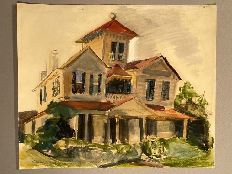 A watercolor painting after conservation treatment to reduce staining and discoloration.